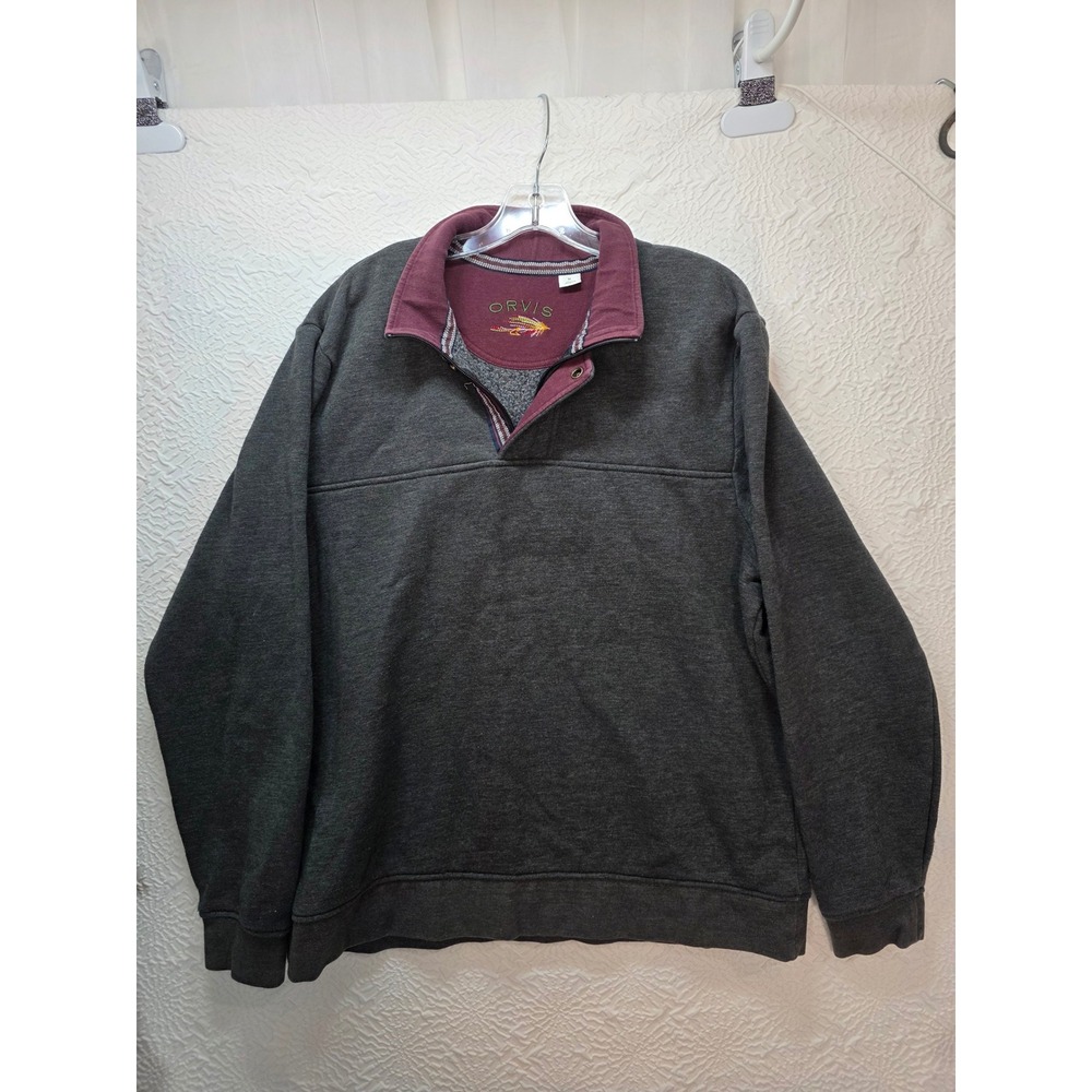 Orvis Mens XL Charcoal Gray Burgundy Quarter Snap Fleece Pullover Sweatshirt